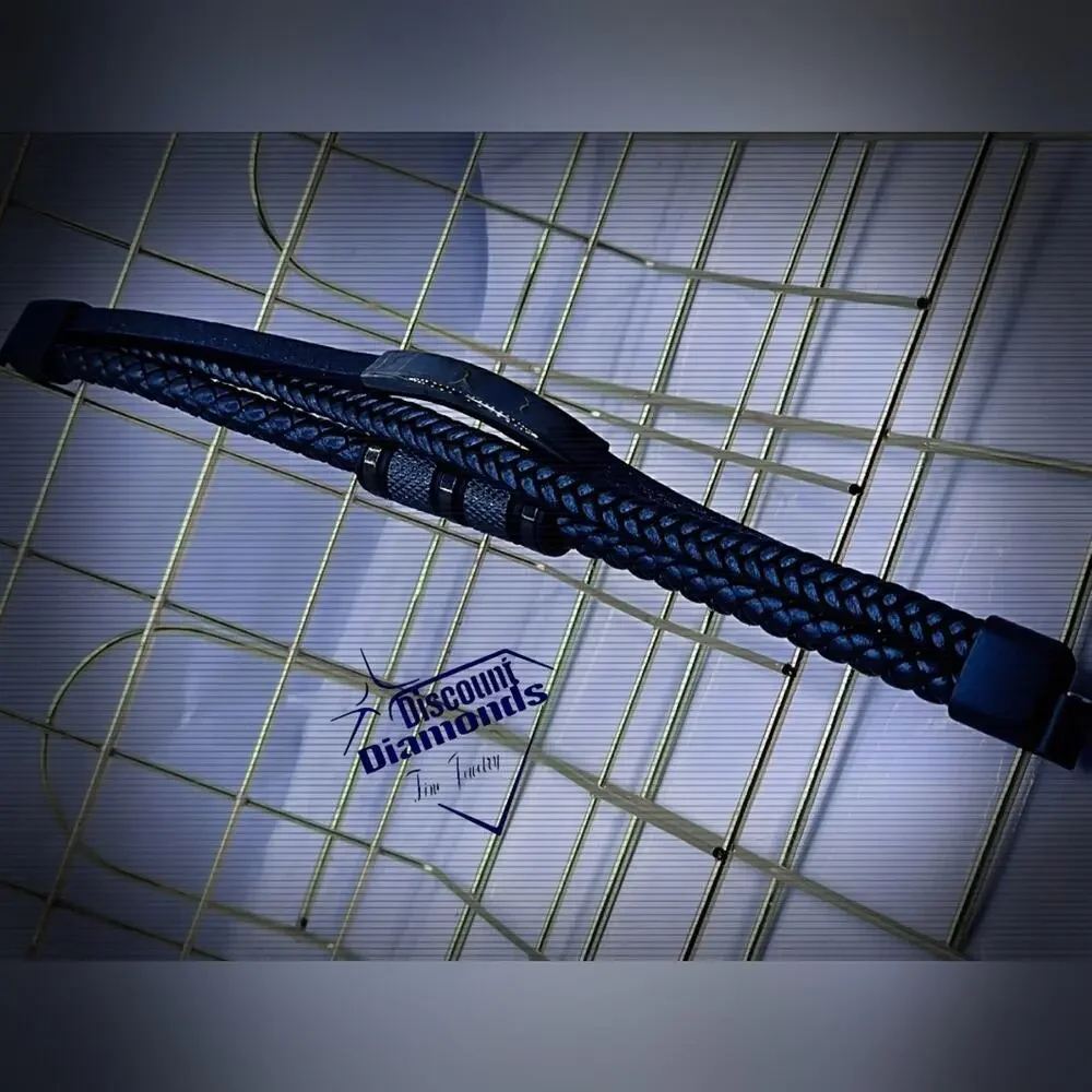 Men's Black Titanium Braded Black Leather Trinity Bracelet